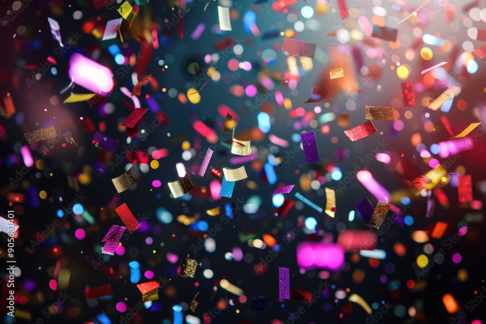 Poster a colorful explosion of confetti is falling from the sky. the confetti is in various colors and size