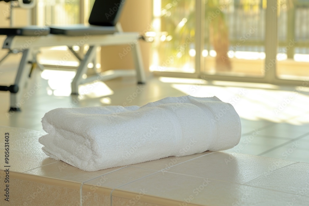 Poster a white towel is laying on a counter in a gym. the towel is folded neatly and is placed on a bench. 