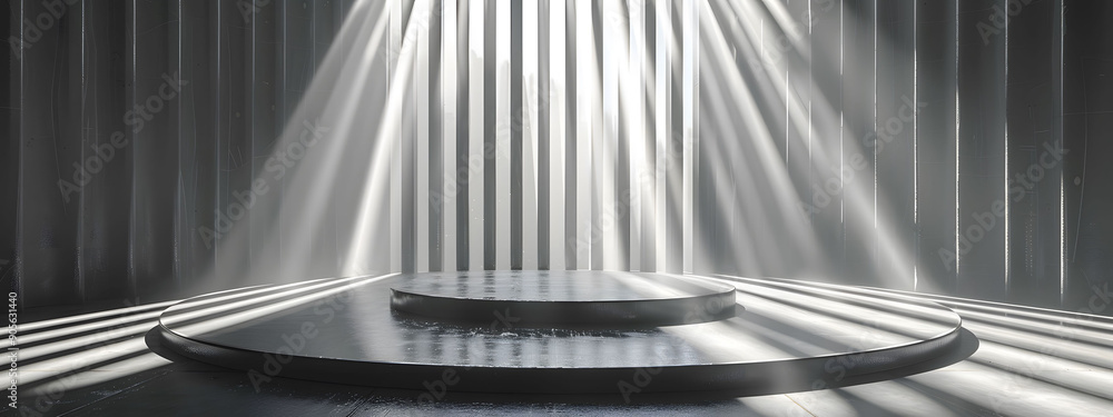 Poster 3d render of a silver background with a round podium and glowing light rays. the abstract design fea