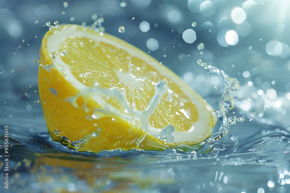Poster a lemon slice is floating in a pool of water