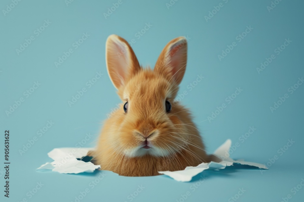 Poster a rabbit is peeking out from behind a piece of paper. the rabbit is small and brown, and it is curio