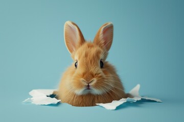 Obraz premium A rabbit is peeking out from behind a piece of paper. The rabbit is small and brown, and it is curious about what is on the other side of the paper. The scene is simple and peaceful