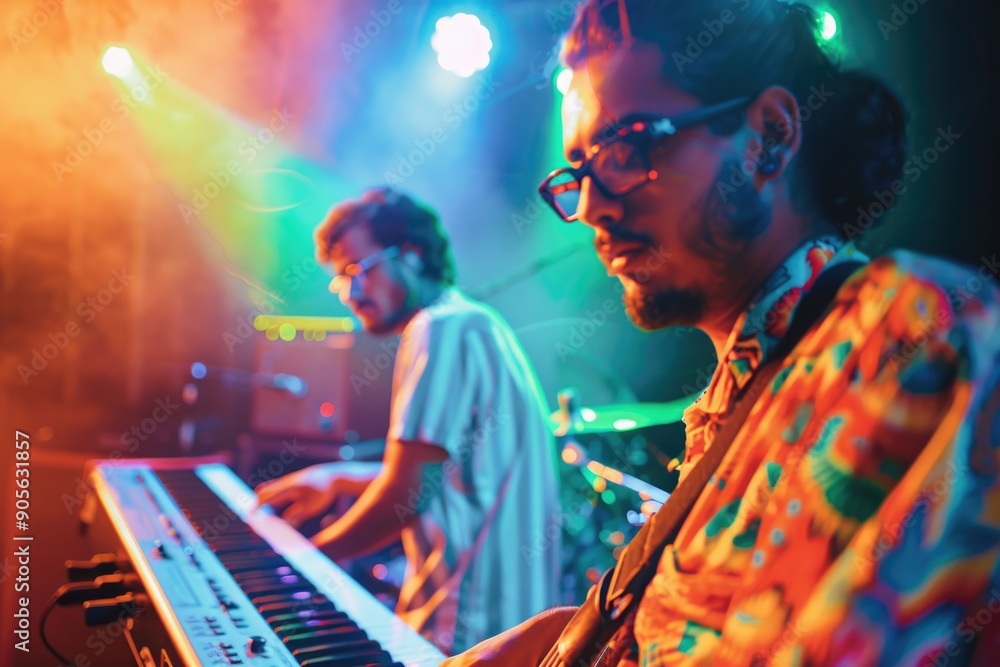 Poster two men playing instruments on stage in a colorful setting. one man is playing a keyboard while the 