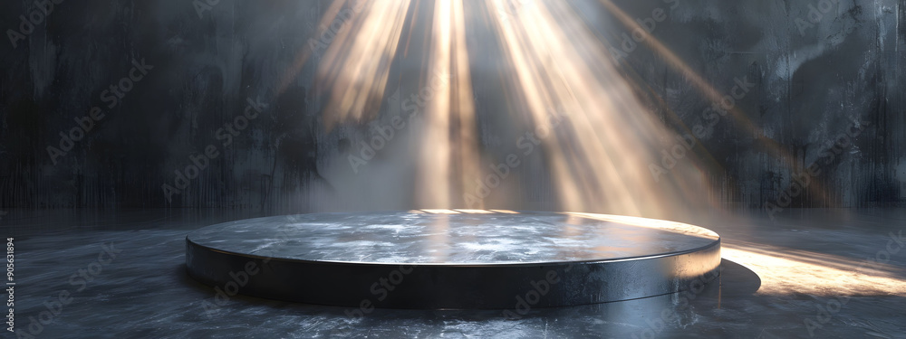 Poster 3d render of a silver background with a round podium and glowing light rays. the abstract design fea