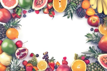 A colorful assortment of fruits and vegetables arranged in a circle. Concept of abundance and freshness, inviting viewers to enjoy the natural goodness of these healthy foods