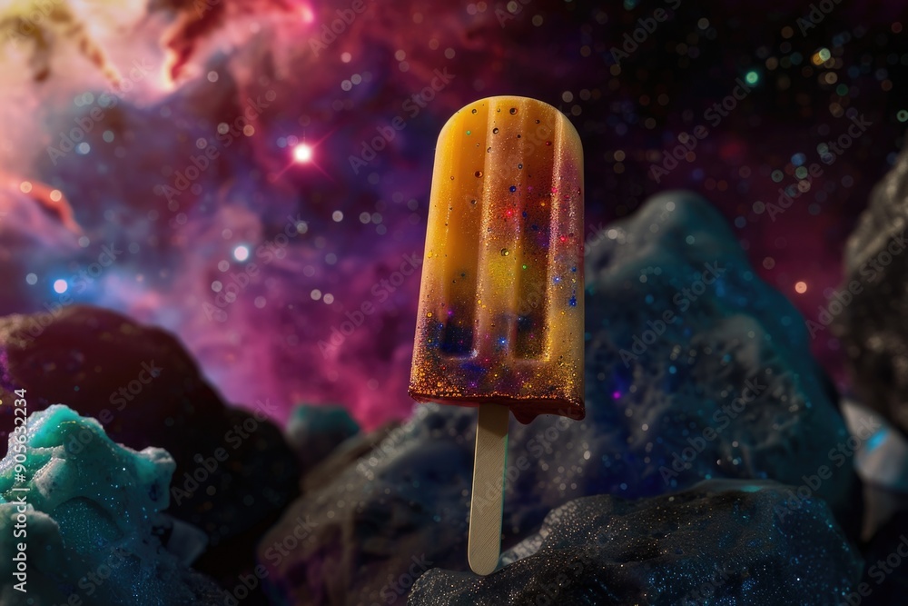 Poster a colorful ice cream stick is on top of a pile of rocks. the ice cream is in the shape of a stick an