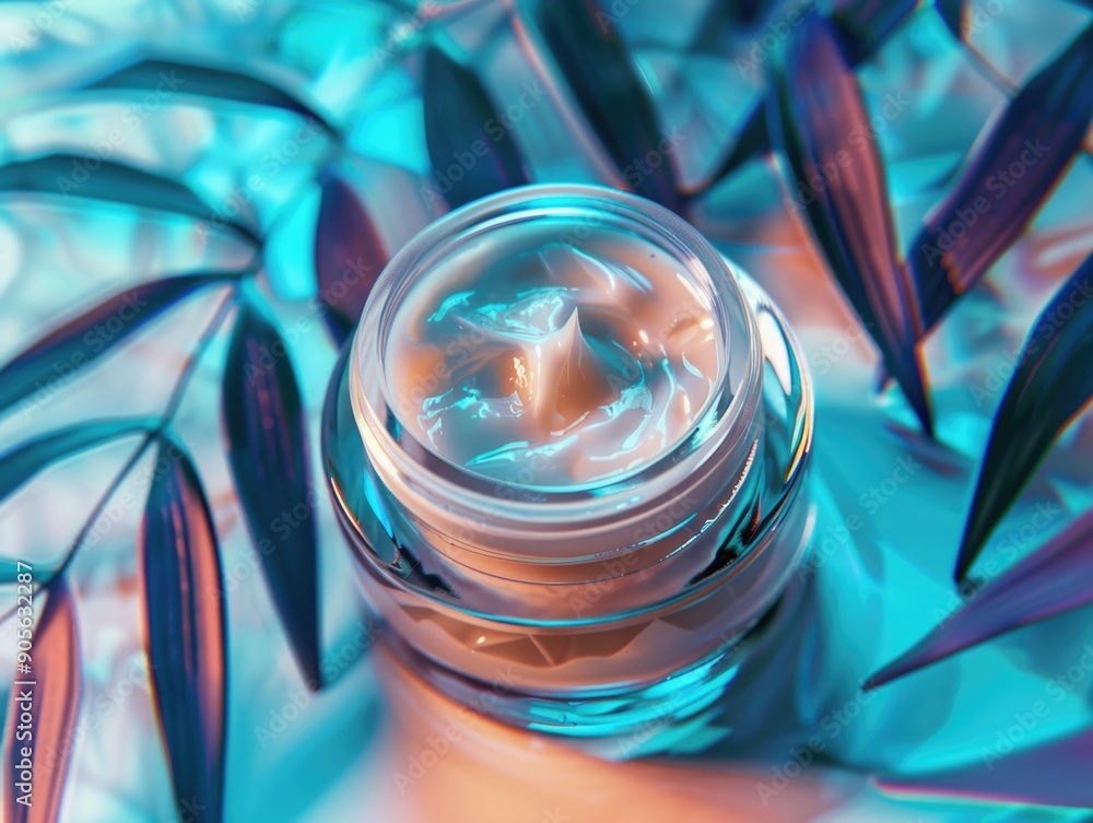 Poster a small jar of cream is sitting on a table with a leafy green background. the jar is almost empty, w