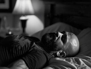 A man with a beard is sleeping on a bed. The room is dimly lit, and the man's face is visible