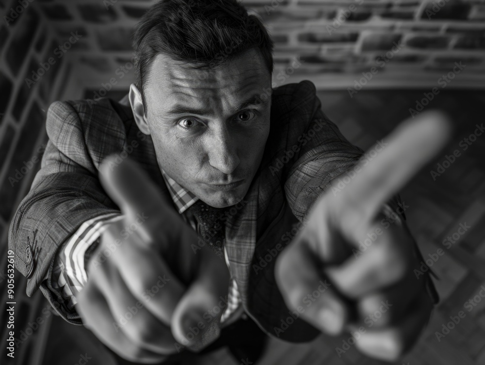 Poster a man in a suit is pointing at something with his hands. concept of importance and urgency, as if th