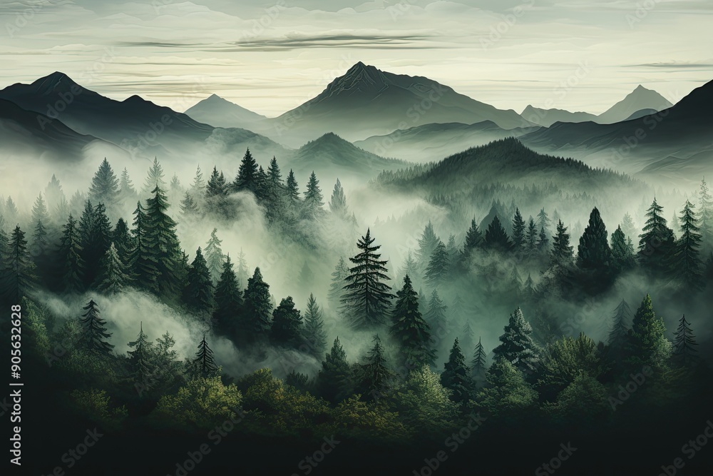 Sticker Moody forest with fog and mist