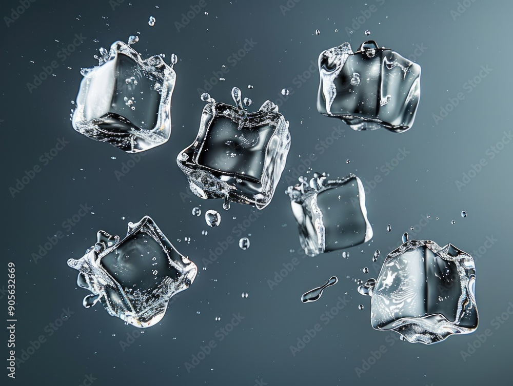 Poster a series of ice cubes are floating in the air. the cubes are clear and sparkly, and they appear to b