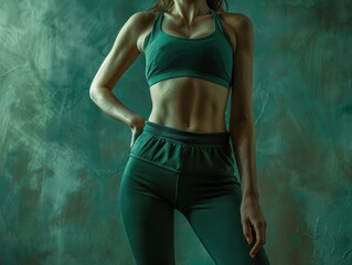 Obraz premium A woman is wearing a green top and green pants. She is standing in front of a green wall