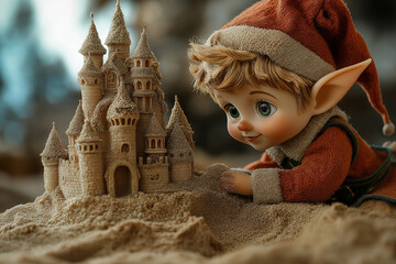 Adorable and cheerful Christmas elf constructing a delightful sandcastle on a magical winter beach