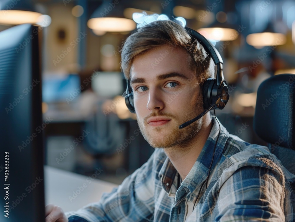 Aufkleber a man wearing a headset is sitting in front of a computer monitor. he is smiling and he is enjoying 