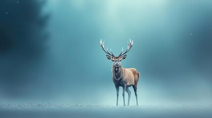 Majestic red deer stag stands in a misty forest clearing, antlers prominent.