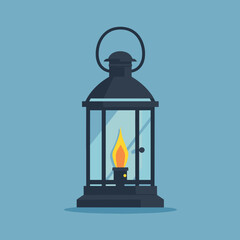 Vintage lantern vector illustration. Flat design style black lantern yellow flame against blue background. Graphic element themes camping, adventure, oldfashioned lighting