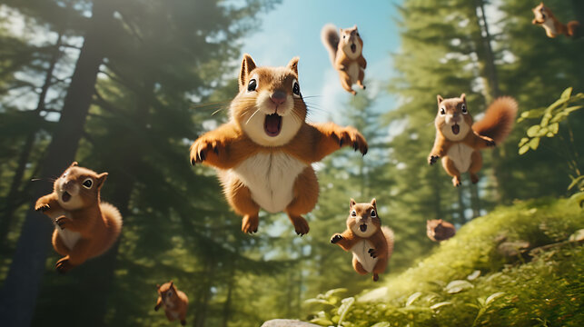 Squirrels engaged in a playful chase amidst a tranquil forest setting
