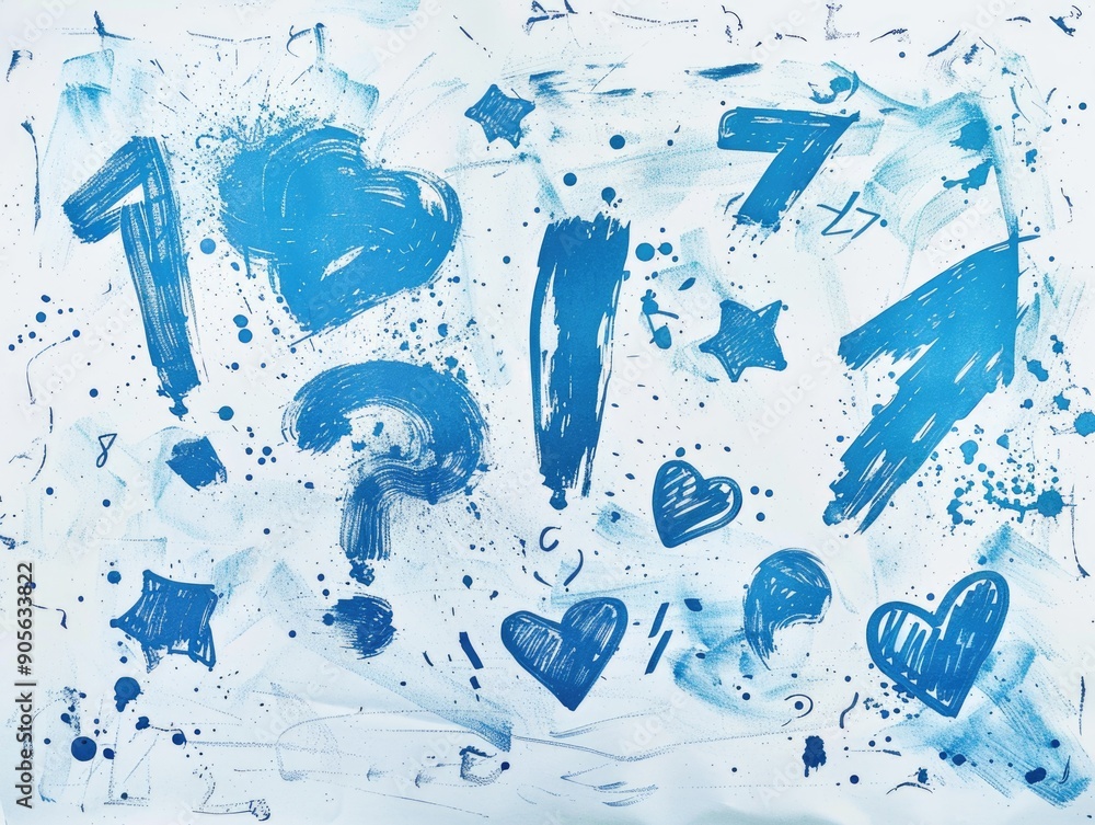 Poster a blue and white drawing with numbers and hearts. the numbers are scattered throughout the drawing, 