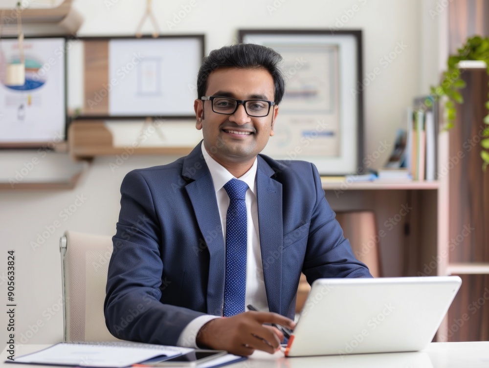 Poster a man in a suit and tie is sitting at a desk with a laptop in front of him. he is smiling and he is 