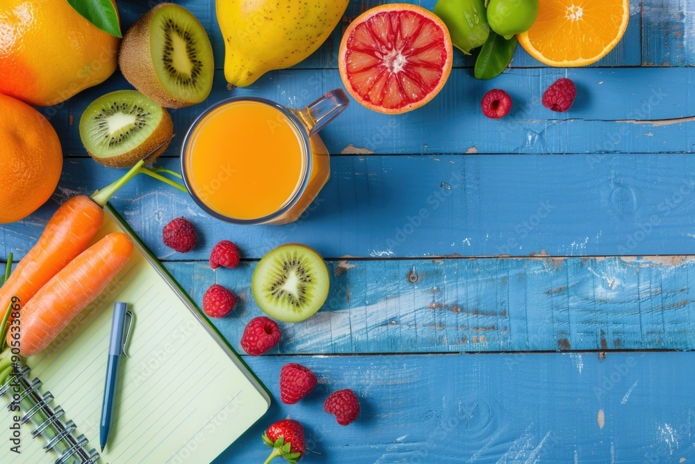 Poster a blue table with a notebook and a glass of orange juice. the table is covered with a variety of fru