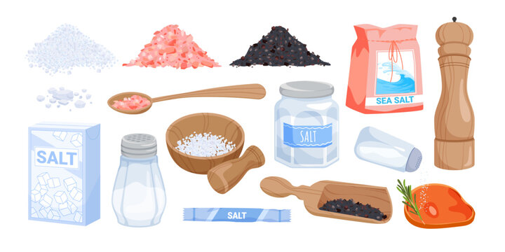 Salt powder and crystals set. Mineral and sea, black Himalayan and pink salt in pile or package, wooden mortar, spoon and pestle for grinding, glass bottle and saltshaker cartoon vector illustration