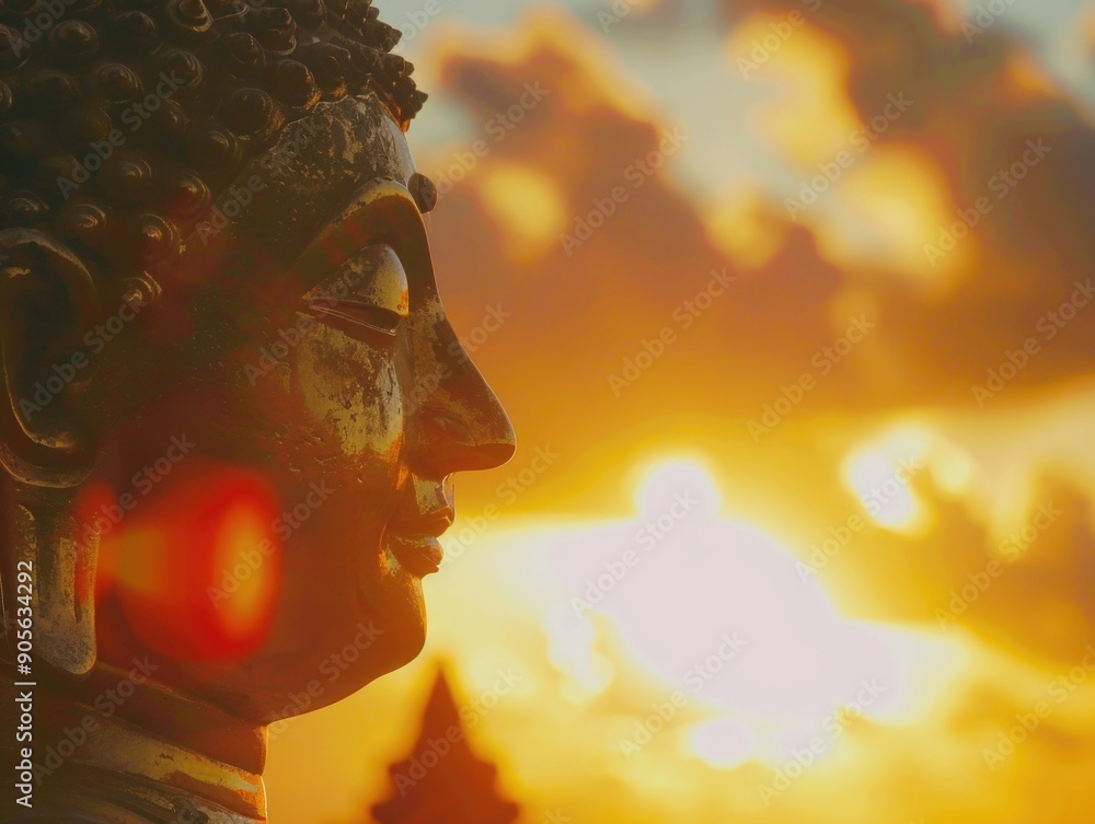 Poster a statue of a buddha face with a red light on its forehead. the sun is setting in the background