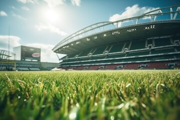 A stadium with a large crowd of people watching a game. The field is green and the sky is blue