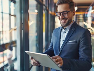 Fototapeta premium A man in a suit is smiling and holding a tablet. He is happy and content
