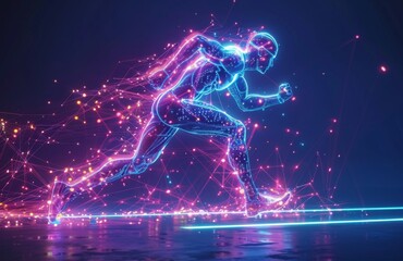 Human Runner Athlete with Digital Wireframe and Neon Light Background, a Fusion of Sport and Technology