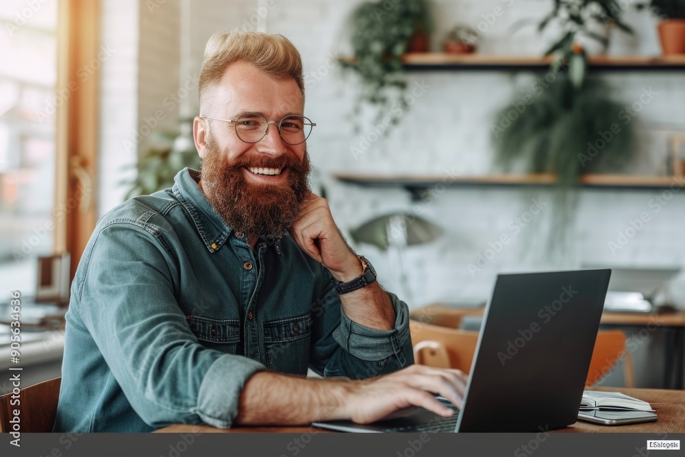 Poster a man with a beard and glasses is sitting at a table with a laptop. he is smiling and he is happy