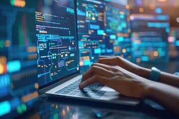 A person is typing on a laptop computer in front of a monitor displaying a lot of computer code. Concept of focus and concentration as the person works on their computer