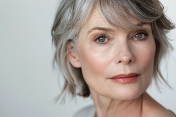 Naklejka premium A woman with grey hair and a short haircut is standing in front of a white background. She has a serious expression on her face and is wearing makeup