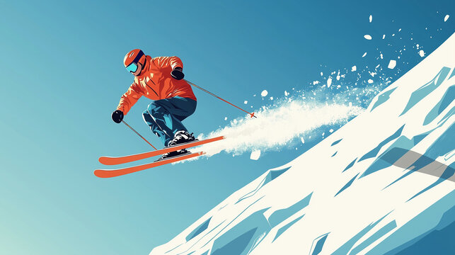 vector illustration, simple colors, freeride skiing. skier jumping against blue sky, Winter sport concept. Design for poster, advertisement for winter sport holidays. Winter activities, winter resort.