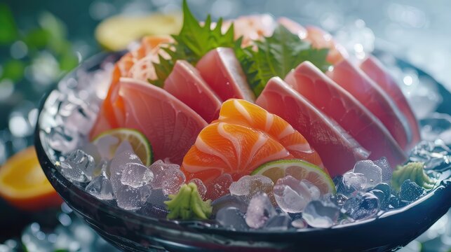 Tuna and salmon sashimi on crushed ice in a plate. Close-up. AI generated.