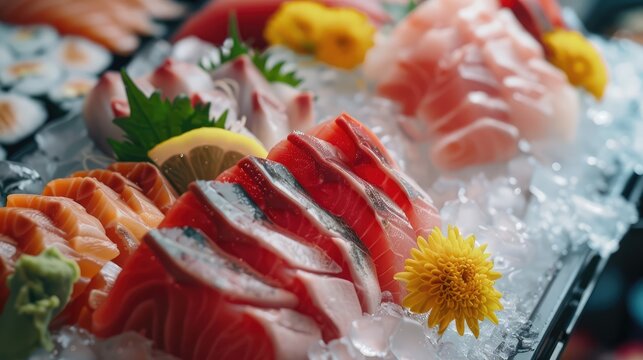 Fresh tuna and salmon sashimi served on ice. Close-up. AI generated. - Powered by Adobe