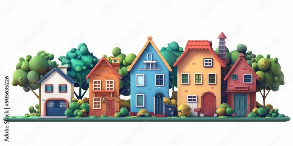 Poster a row of colorful houses with a green tree in front of the yellow house. the houses are all differen