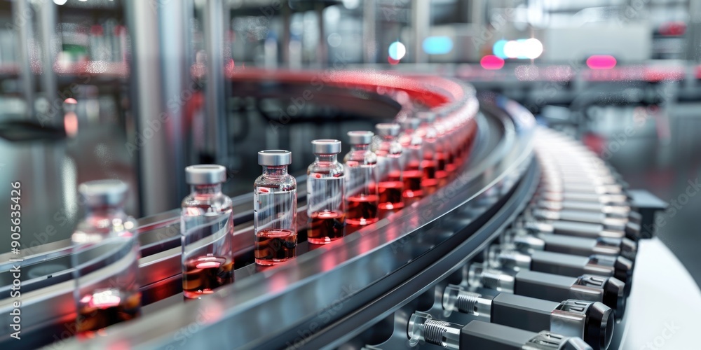 Poster a conveyor belt with many bottles of medicine on it. the bottles are red and lined up in a row