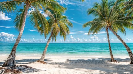 Obraz premium Beautiful view of the beach with palm trees. AI generated.