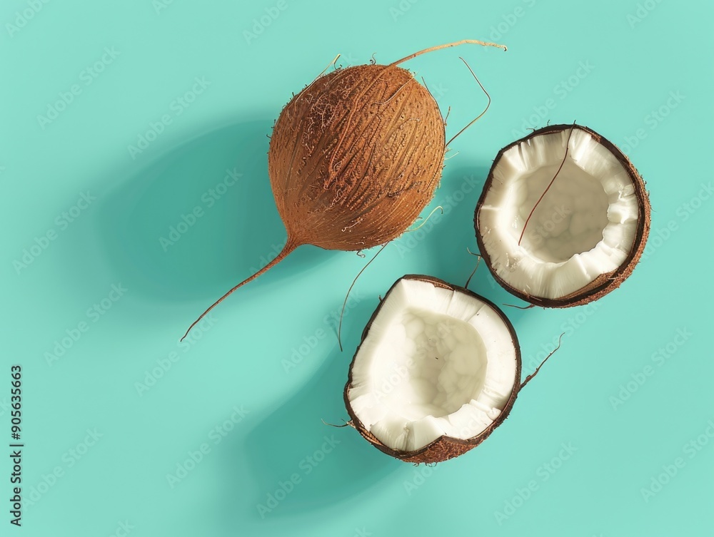 Poster two coconuts with one of them cut open. the other one is whole. the coconuts are on a blue backgroun
