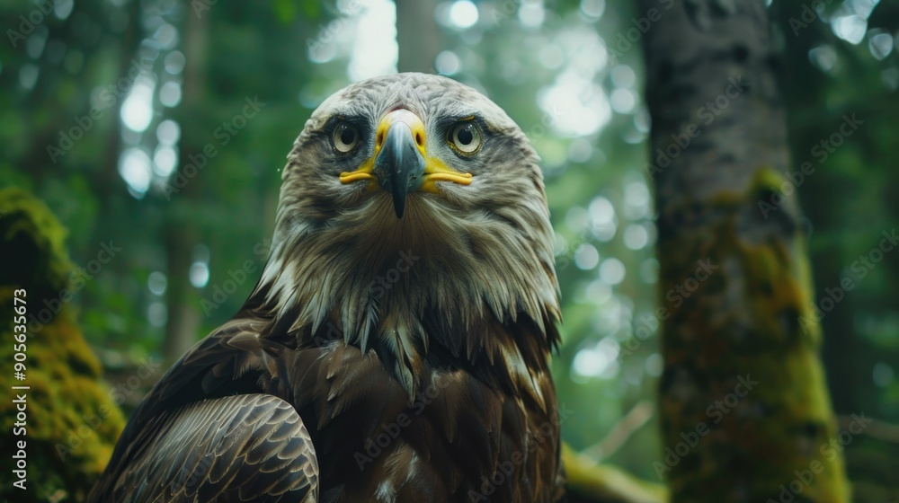 Poster a large eagle is perched on a tree branch. the bird has a serious expression on its face