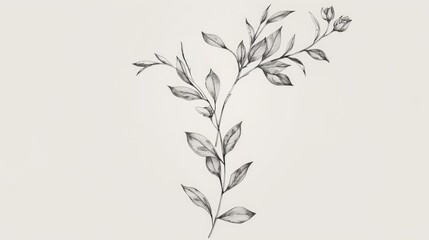 Naklejka premium A black and white drawing of a leafy branch. The drawing is very detailed and has a lot of texture. Scene is calm and peaceful, as if the viewer is looking at a leafy tree in a quiet forest