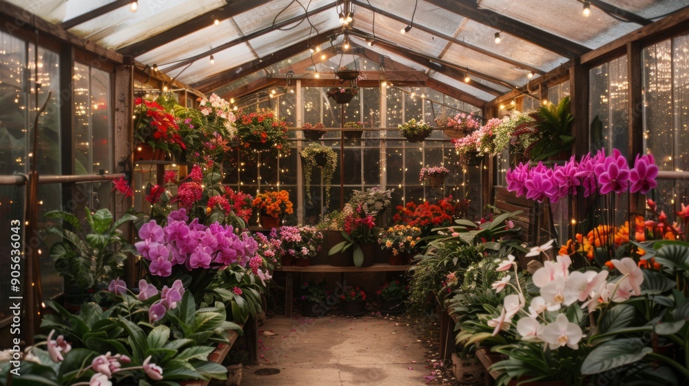 Aufkleber Colorful orchids and various flowers bloom in a greenhouse adorned with twinkling string lights during the evening.