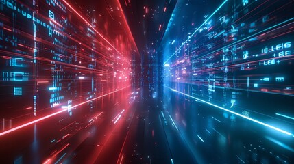 A futuristic cityscape with red and blue lights