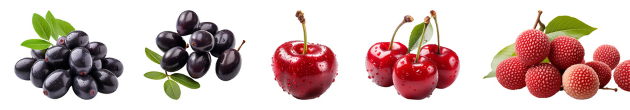 Tropical fruit assortment: cherry, jamun aka java plum, litchi.