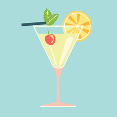 Stylized cocktail graphic lemon slice, mint, cherry garnishes. Martini glass illustration against blue background. Refreshing summer drink vector art