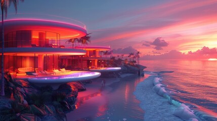 Futuristic Beach Resort with Interactive Digital Beach Attractions and High-Tech Leisure Solutions