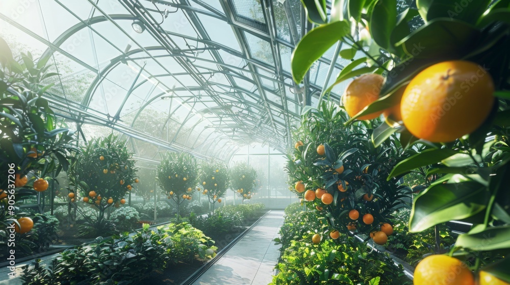 Poster sunlight filters through the glass roof, illuminating rows of orange trees laden with fruit in a lus