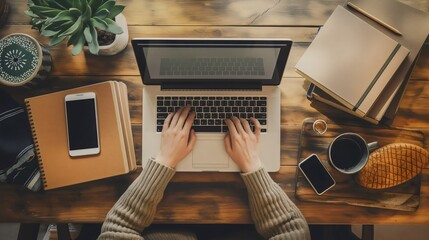 Aerial top view of an office desk businesswoman typing on the keyboard of a laptop brainstorming wooden table with a coffee cup, folders or notebooks mobile phone gadgets internet freelancer job space