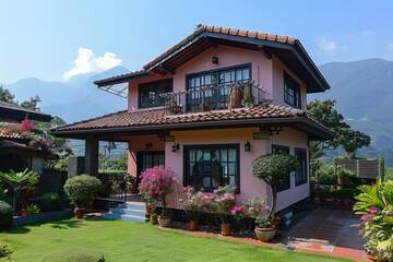 Luxurious villa with scenic mountain backdrop at twilight