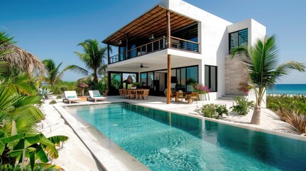 Fototapeta premium Modern beachfront house with pool overlooking the sea